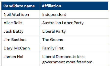 Bragg by-election report - TABLE: Candidates and affiliation