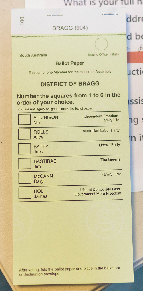 Bragg by-election report - Ballot paper